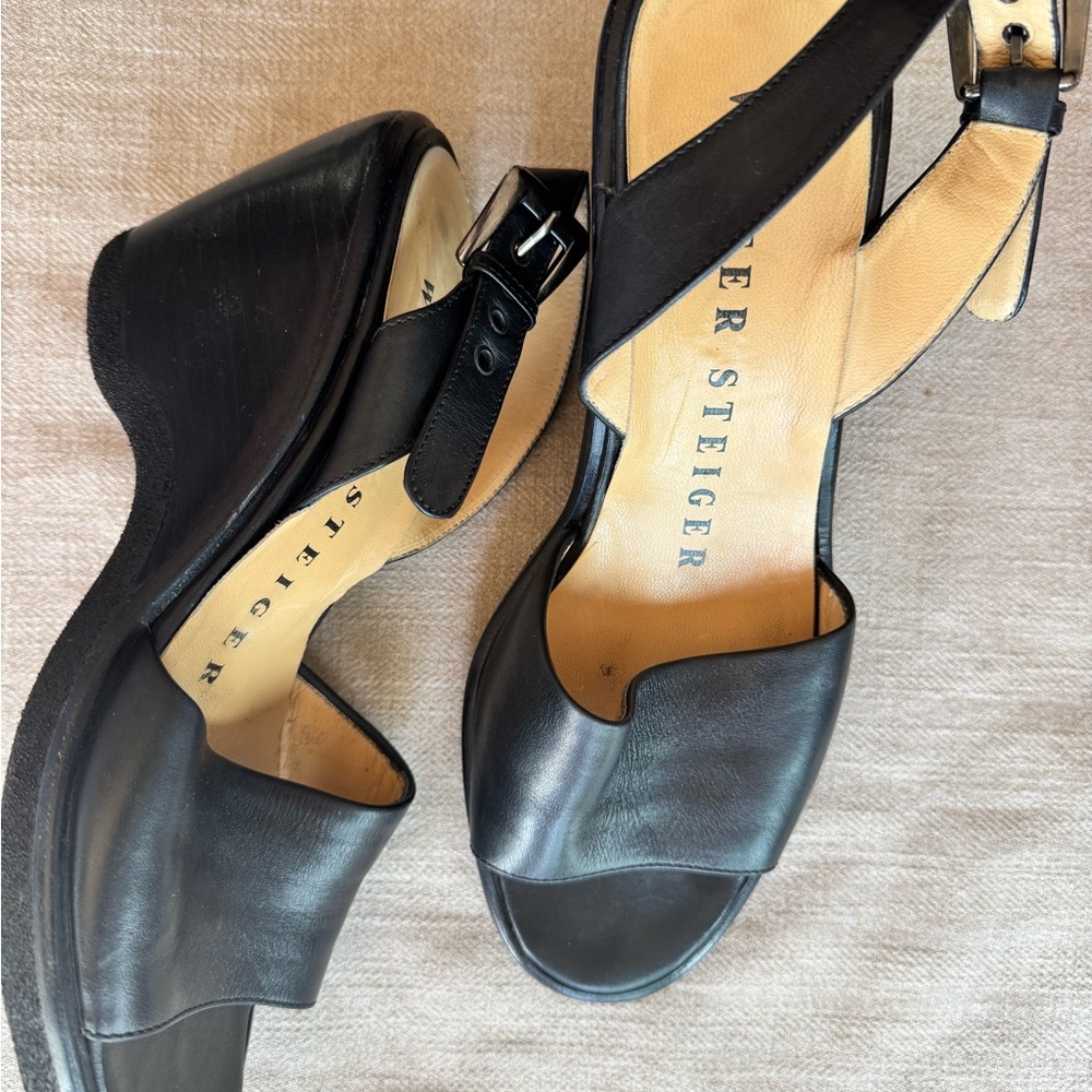 Walter Steiger Ladies Black Leather Wedge Sandals size 38